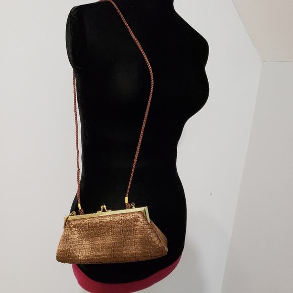 VTG Brown Sheen Braided Satin Textured Kiss Lock Crossbody Clutch Handbag - Picture 10 of 12